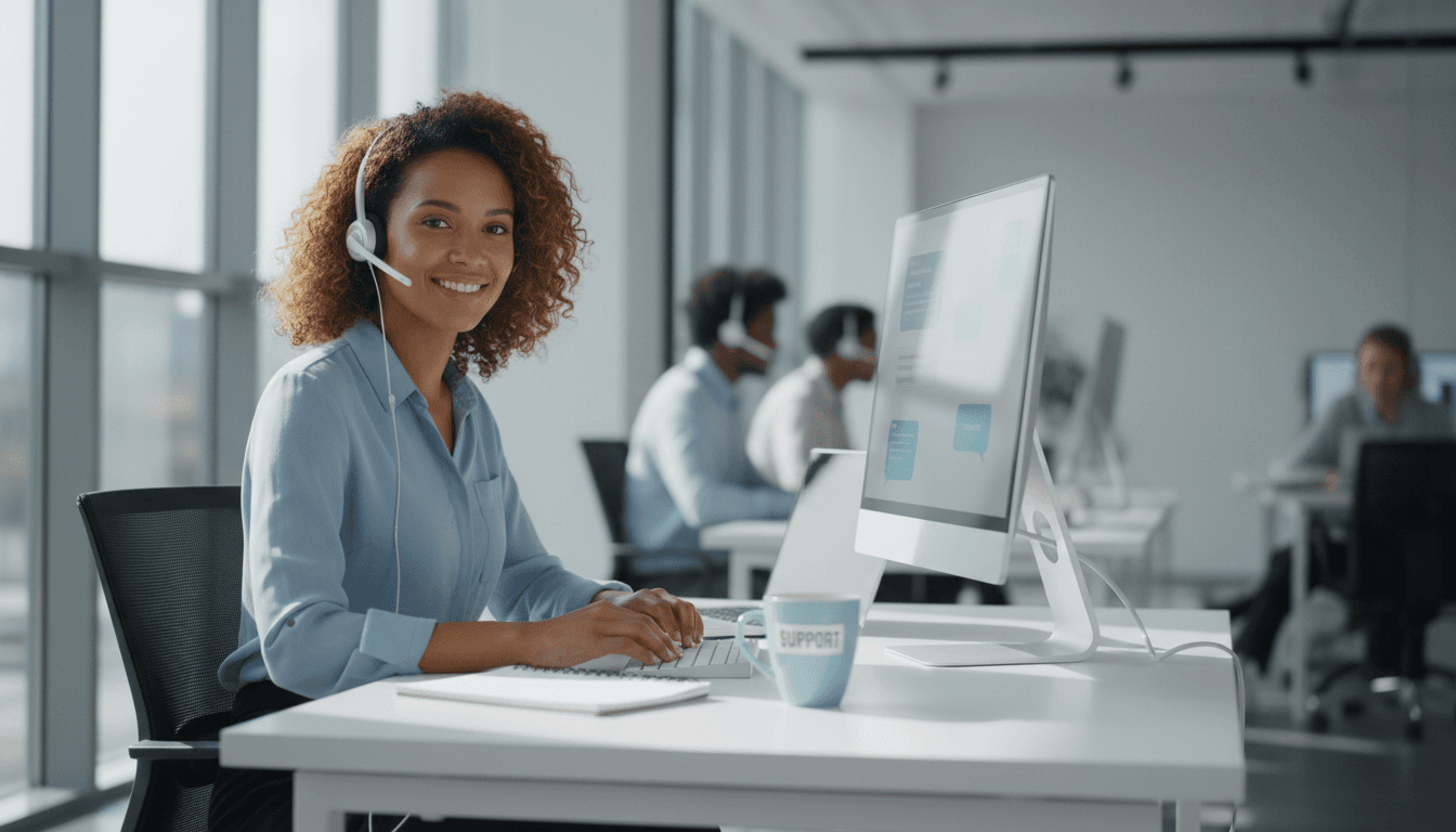 legal professional wearing headset at clean modern desk with computer and notepad