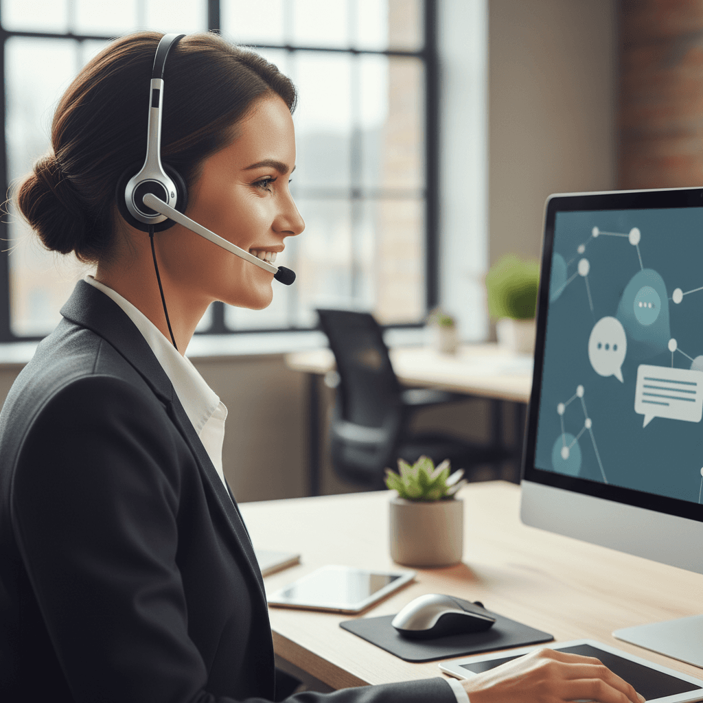 Legal intake specialist answering a call at a desk with a headset and computer