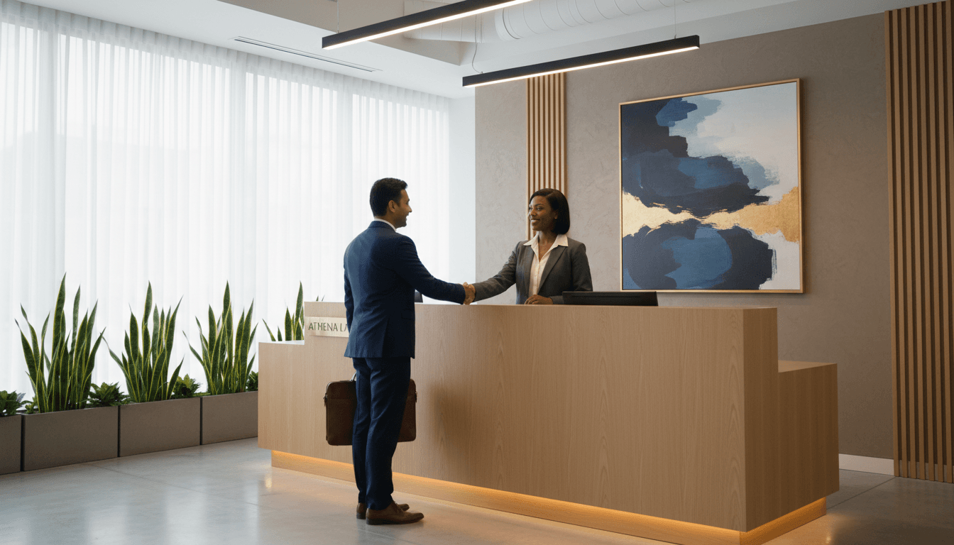 Professional legal receptionist answering a phone call in a modern law office