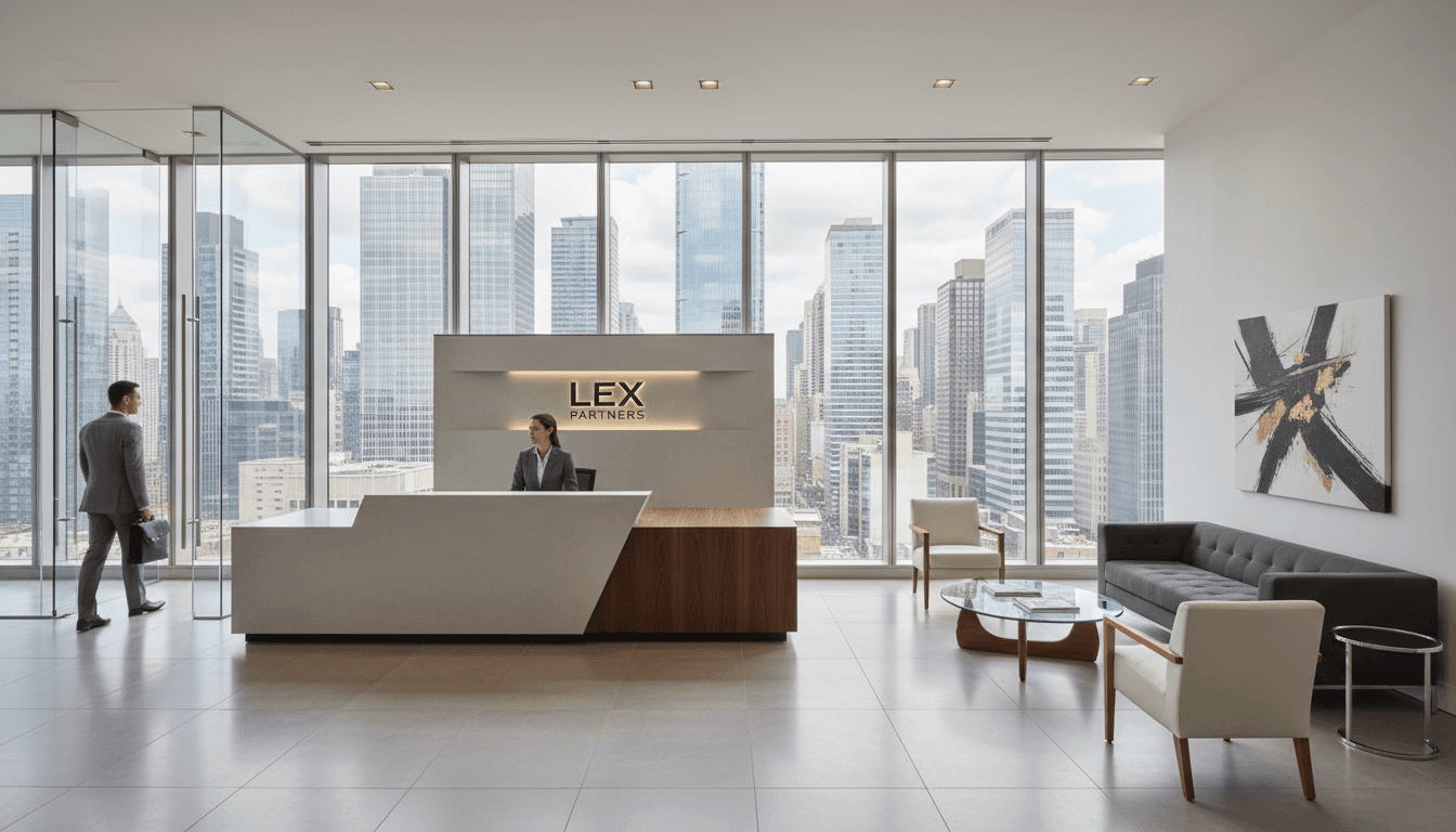 Modern law firm reception area with clean professional interior