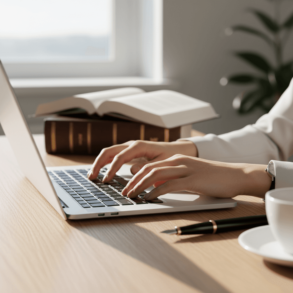 Hands typing on laptop with legal papers and pen on desk